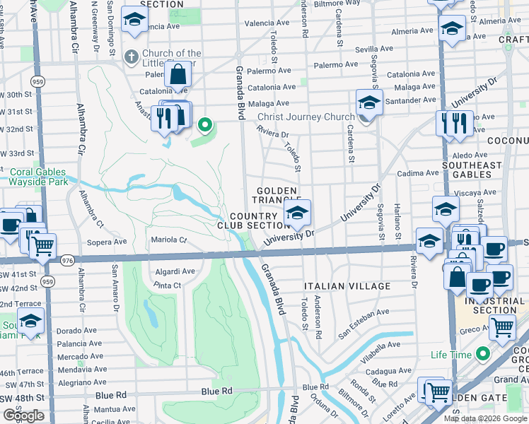 map of restaurants, bars, coffee shops, grocery stores, and more near 3801 Granada Boulevard in Coral Gables