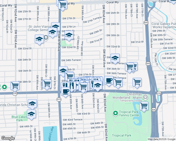 map of restaurants, bars, coffee shops, grocery stores, and more near 8351 Southwest 36th Street in Miami