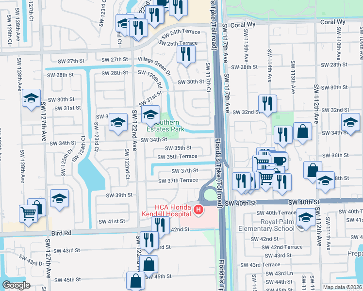 map of restaurants, bars, coffee shops, grocery stores, and more near 11910 Southwest 34th Street in Miami