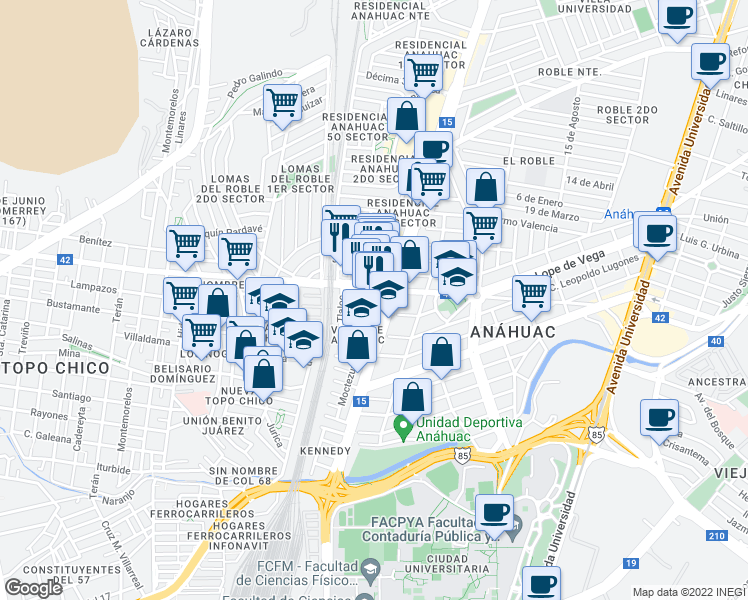 map of restaurants, bars, coffee shops, grocery stores, and more near 417 Tlacopan in San Nicolás de los Garza