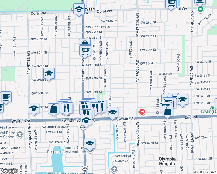 map of restaurants, bars, coffee shops, grocery stores, and more near 3440 Southwest 104th Avenue in Miami