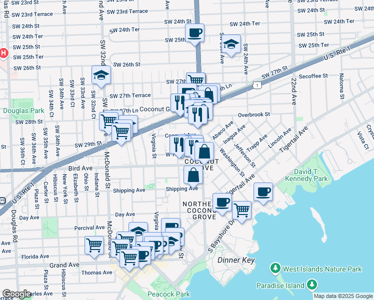 map of restaurants, bars, coffee shops, grocery stores, and more near 2930 Louise Street in Miami