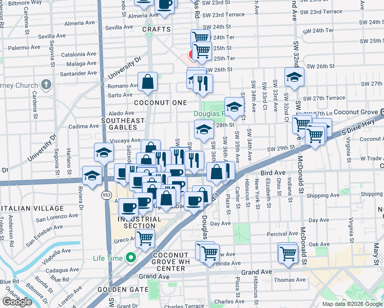 map of restaurants, bars, coffee shops, grocery stores, and more near 3715 Southwest 29th Street in Miami