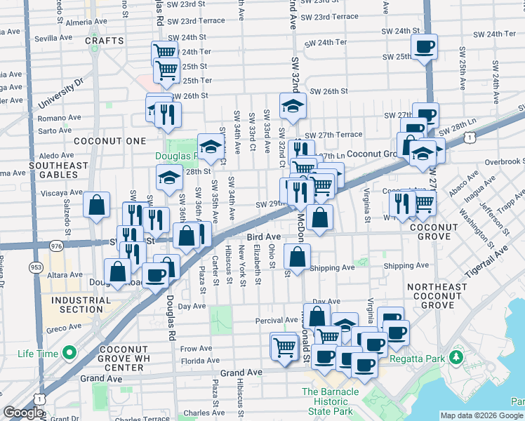 map of restaurants, bars, coffee shops, grocery stores, and more near 3342 Southwest 29th Street in Miami