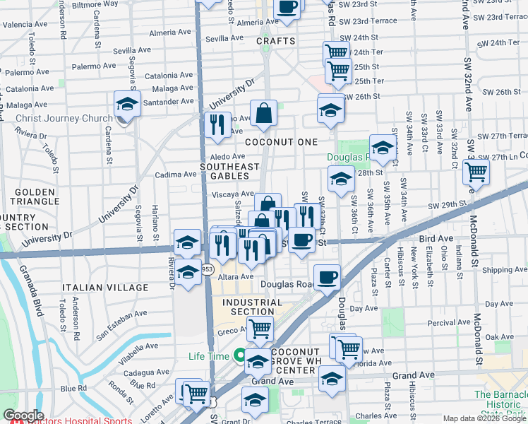 map of restaurants, bars, coffee shops, grocery stores, and more near 200 Fluvia Avenue in Coral Gables