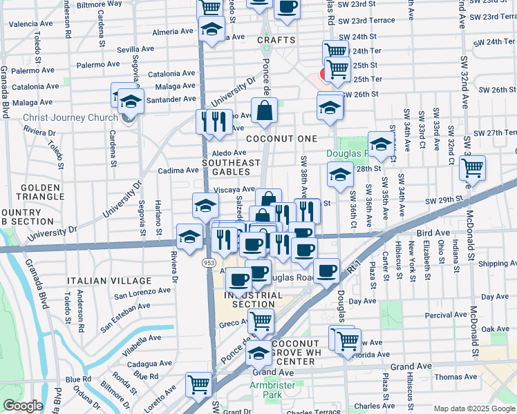 map of restaurants, bars, coffee shops, grocery stores, and more near 200 Fluvia Avenue in Coral Gables