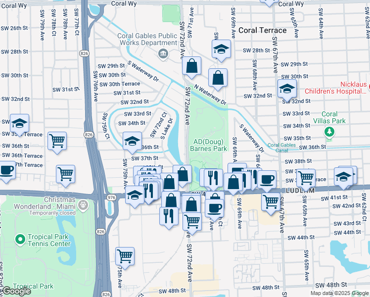 map of restaurants, bars, coffee shops, grocery stores, and more near 3510 Southwest 72nd Avenue in Miami
