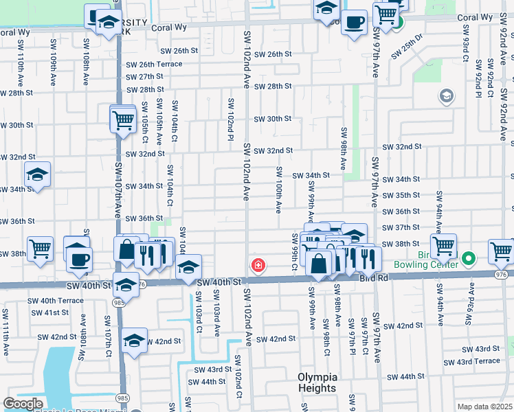map of restaurants, bars, coffee shops, grocery stores, and more near 3501 Southwest 102nd Avenue in Miami