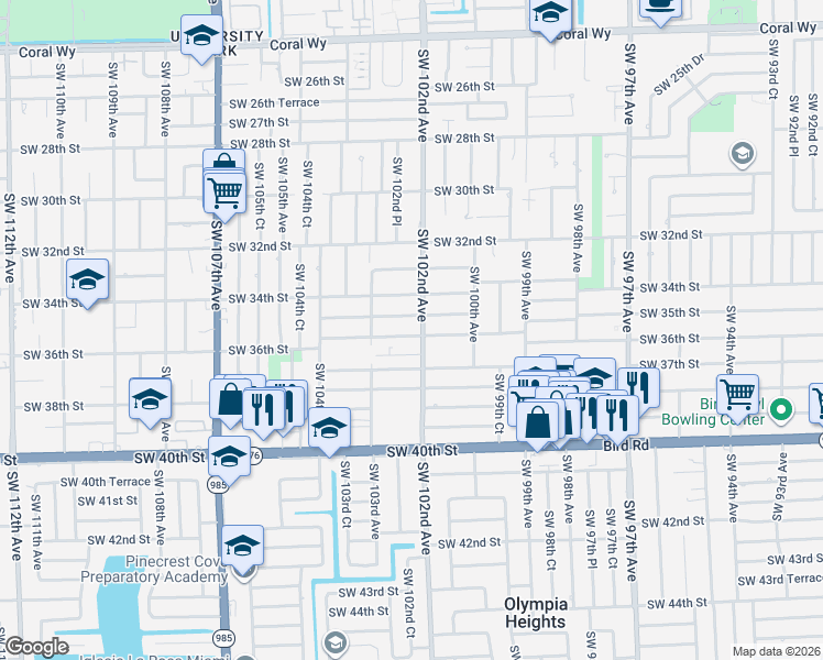 map of restaurants, bars, coffee shops, grocery stores, and more near 3501 Southwest 102nd Avenue in Miami