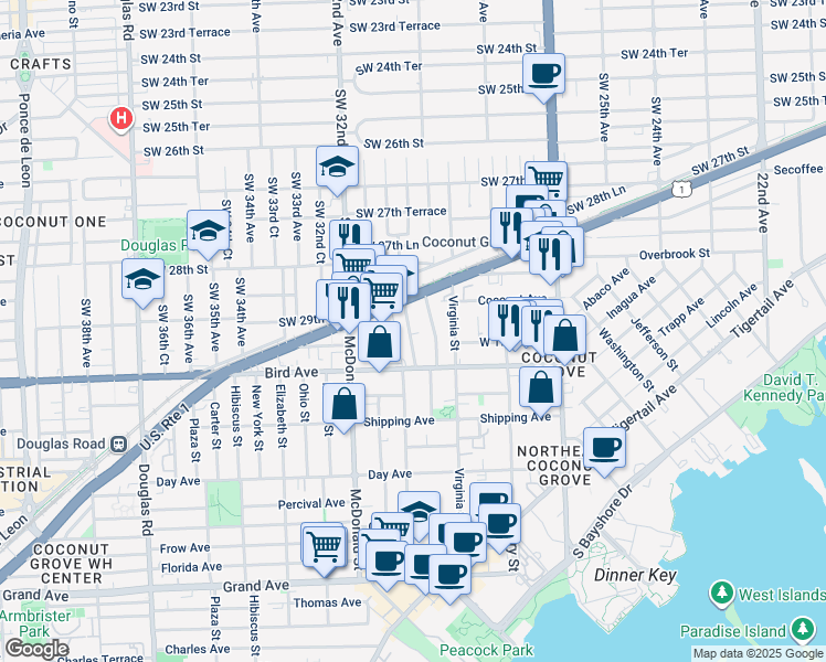 map of restaurants, bars, coffee shops, grocery stores, and more near 2924 Bridgeport Avenue in Miami