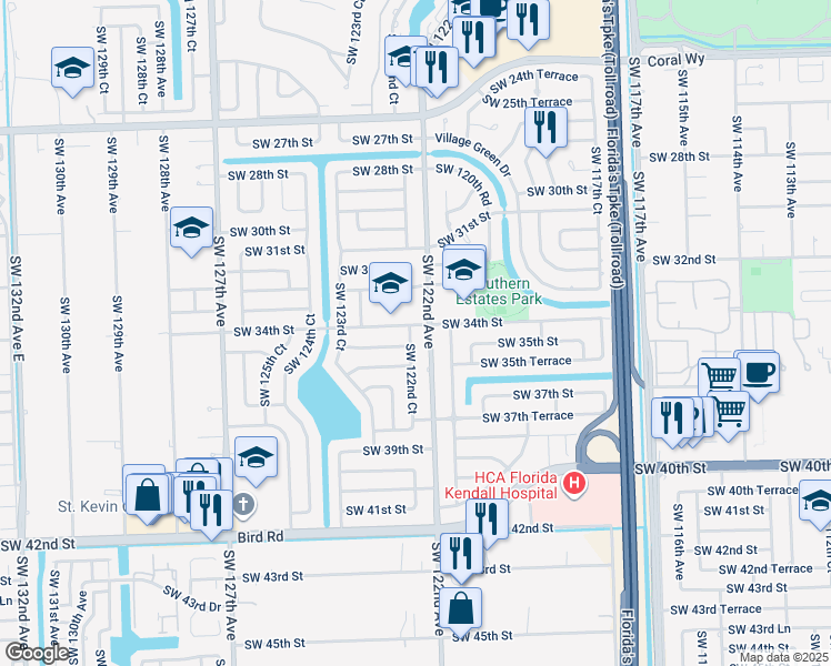 map of restaurants, bars, coffee shops, grocery stores, and more near 3401 Southwest 122nd Court in Miami