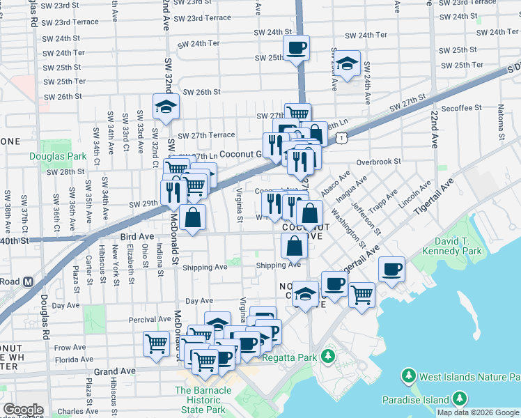 map of restaurants, bars, coffee shops, grocery stores, and more near 2932 Catalina Street in Miami
