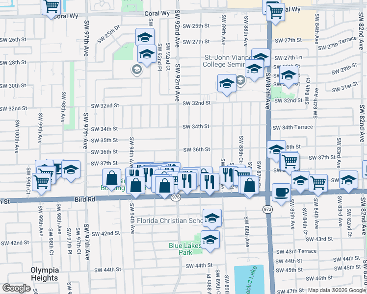 map of restaurants, bars, coffee shops, grocery stores, and more near 3530-3532 Southwest 91 Avenue in Miami