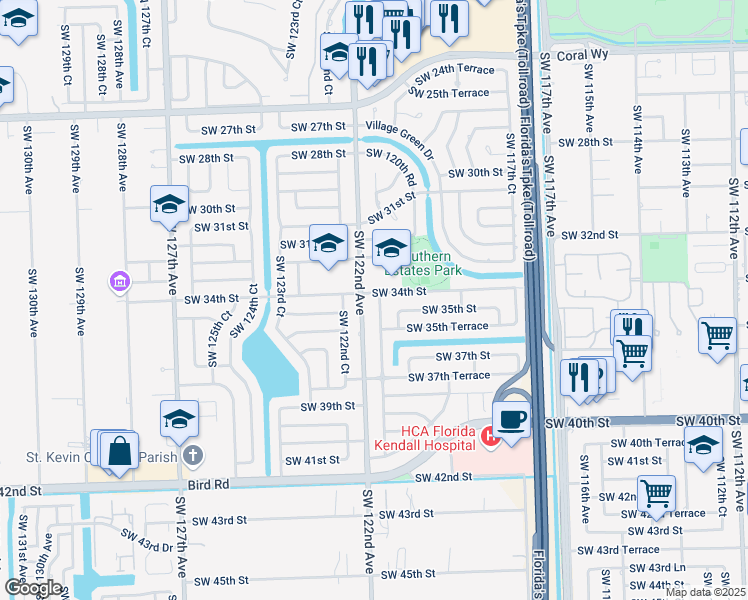map of restaurants, bars, coffee shops, grocery stores, and more near 12030 Southwest 34th Street in Miami