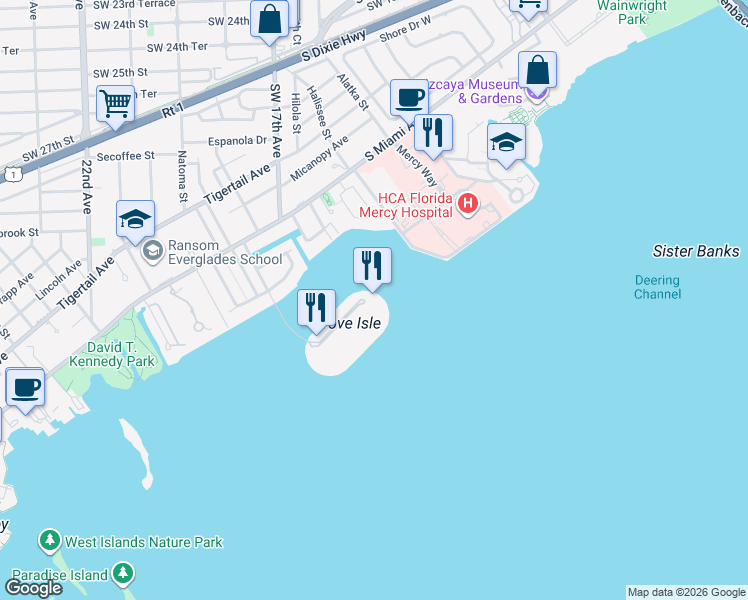 map of restaurants, bars, coffee shops, grocery stores, and more near 3 Grove Isle Drive in Miami