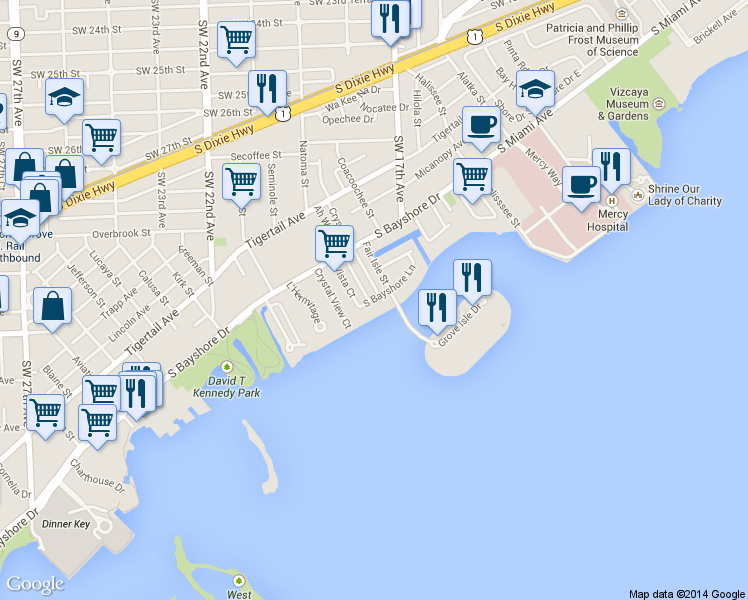 map of restaurants, bars, coffee shops, grocery stores, and more near 1872 South Bayshore Lane in Miami