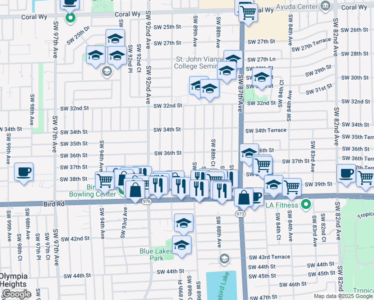 map of restaurants, bars, coffee shops, grocery stores, and more near 3530 Southwest 89th Avenue in Miami