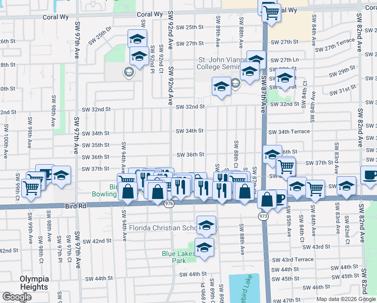 map of restaurants, bars, coffee shops, grocery stores, and more near 3533 Southwest 90th Avenue in Miami