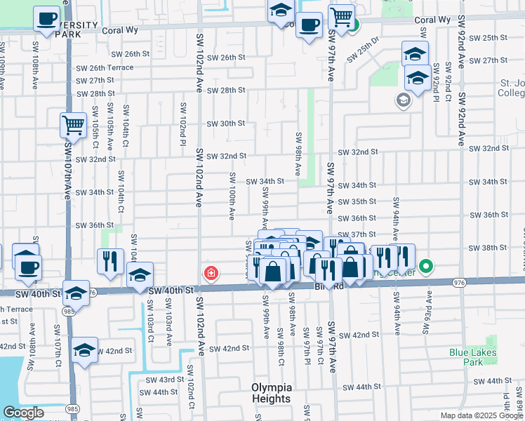 map of restaurants, bars, coffee shops, grocery stores, and more near 3551 Southwest 99th Court in Miami