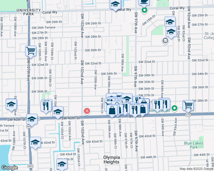 map of restaurants, bars, coffee shops, grocery stores, and more near 3551 Southwest 99th Court in Miami