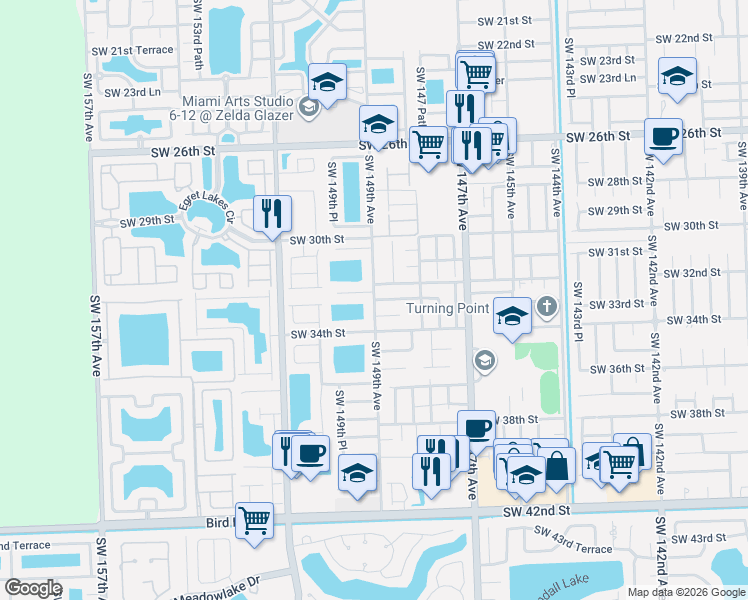 map of restaurants, bars, coffee shops, grocery stores, and more near 14891 Southwest 32nd Lane in Miami