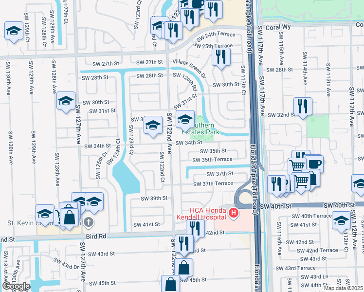 map of restaurants, bars, coffee shops, grocery stores, and more near 12030 Southwest 34th Street in Miami