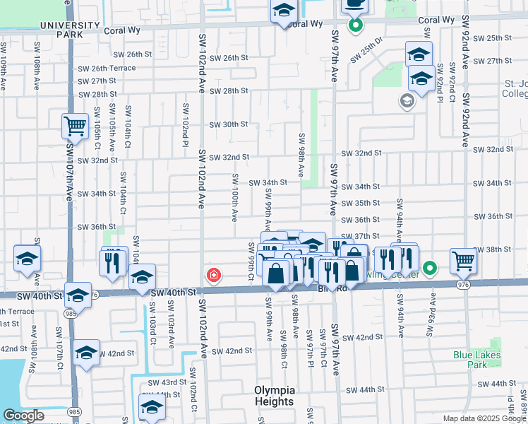 map of restaurants, bars, coffee shops, grocery stores, and more near 3551 Southwest 99th Court in Miami