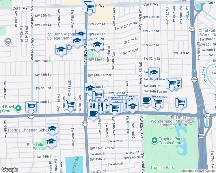 map of restaurants, bars, coffee shops, grocery stores, and more near 3598 Southwest 84th Court in Miami