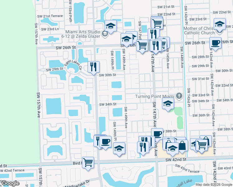 map of restaurants, bars, coffee shops, grocery stores, and more near 14974 Southwest 32nd Terrace in Miami