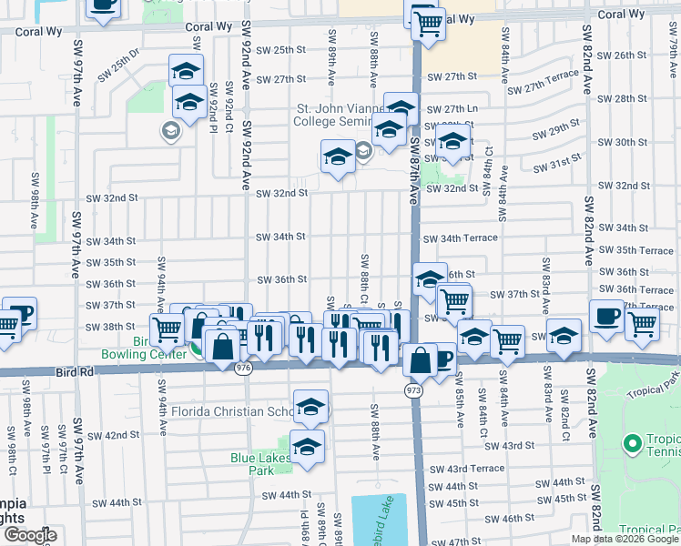 map of restaurants, bars, coffee shops, grocery stores, and more near 3530 Southwest 89th Avenue in Miami