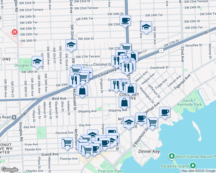 map of restaurants, bars, coffee shops, grocery stores, and more near Catalina Street in Miami