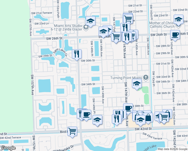 map of restaurants, bars, coffee shops, grocery stores, and more near 14974 Southwest 32nd Terrace in Miami