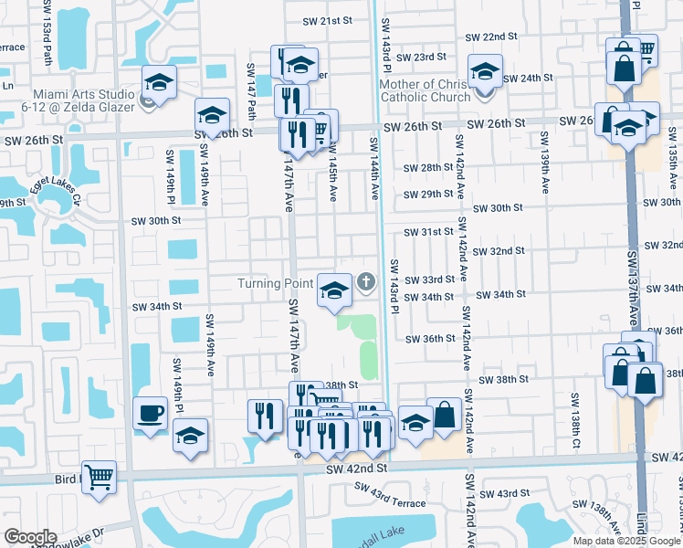 map of restaurants, bars, coffee shops, grocery stores, and more near 3261 Southwest 145th Avenue in Miami