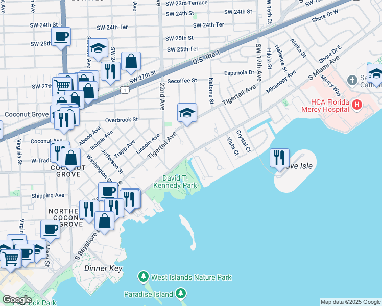 map of restaurants, bars, coffee shops, grocery stores, and more near South Bayshore Drive in Miami