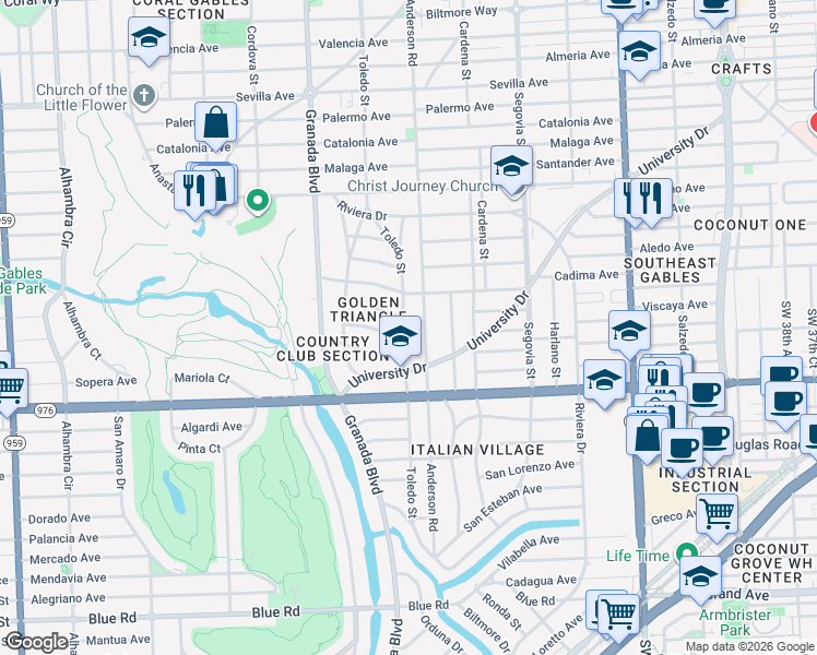 map of restaurants, bars, coffee shops, grocery stores, and more near 3707 Toledo Street in Coral Gables