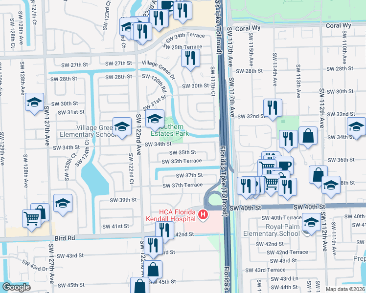 map of restaurants, bars, coffee shops, grocery stores, and more near 11910 Southwest 34th Street in Miami