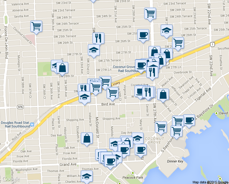 map of restaurants, bars, coffee shops, grocery stores, and more near 2924 Bridgeport Avenue in Miami