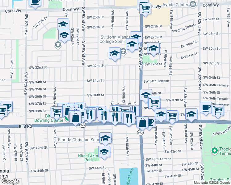 map of restaurants, bars, coffee shops, grocery stores, and more near 3530 Southwest 89th Avenue in Miami