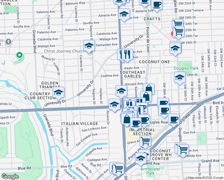 map of restaurants, bars, coffee shops, grocery stores, and more near 430 Fluvia Avenue in Coral Gables