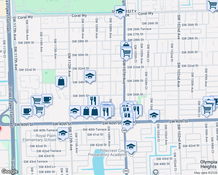 map of restaurants, bars, coffee shops, grocery stores, and more near 3430 Southwest 108th Avenue in Miami