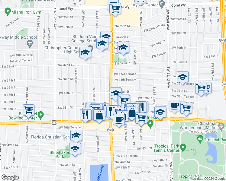map of restaurants, bars, coffee shops, grocery stores, and more near 3561 Southwest 87th Avenue in Miami