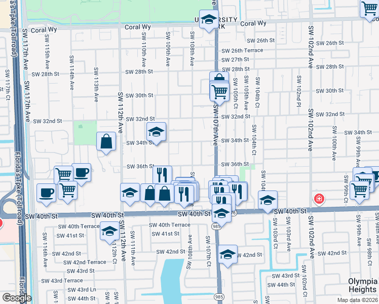 map of restaurants, bars, coffee shops, grocery stores, and more near 3430 Southwest 108th Avenue in Miami