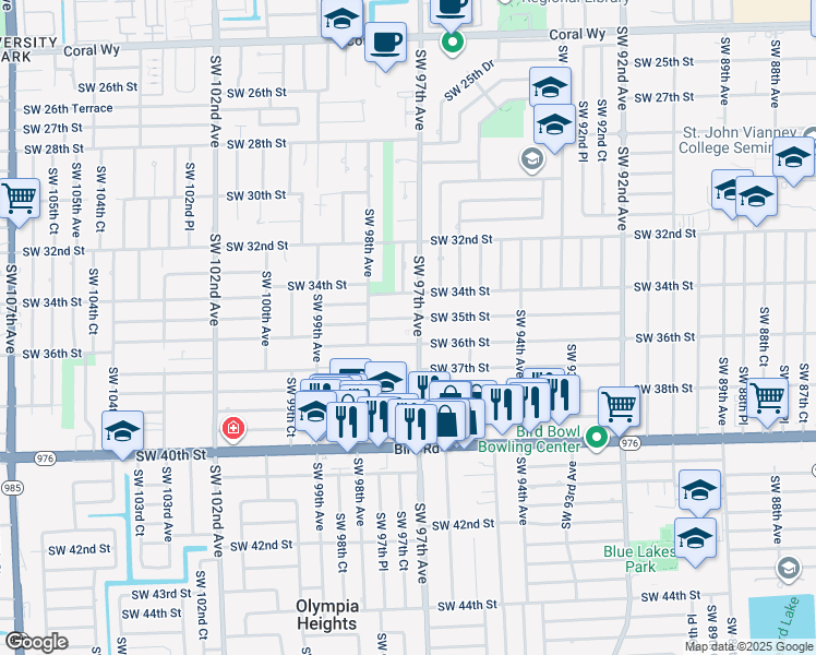 map of restaurants, bars, coffee shops, grocery stores, and more near 3520 Southwest 97th Avenue in Miami