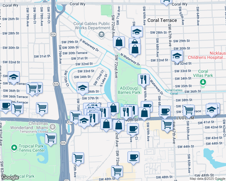 map of restaurants, bars, coffee shops, grocery stores, and more near 3510 SW 72nd Ave in Miami