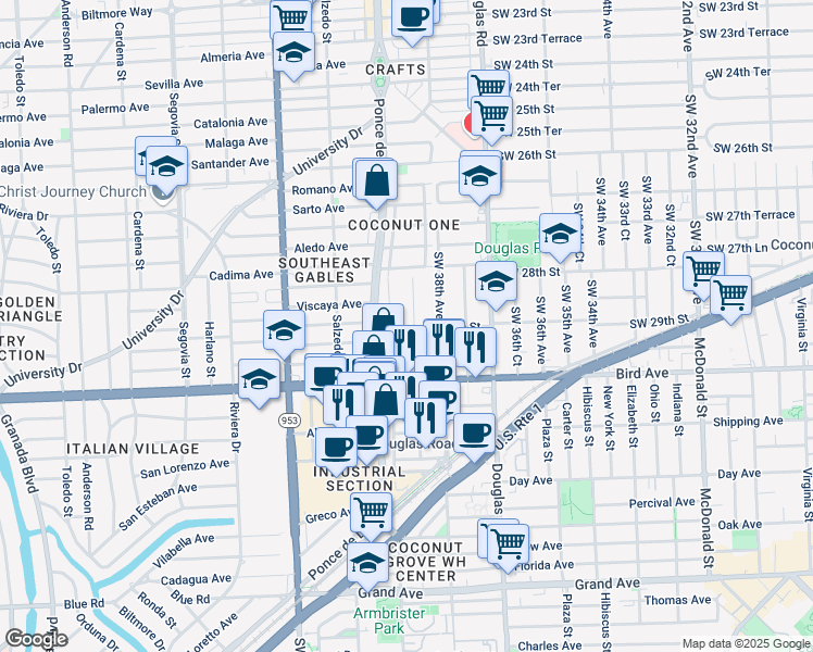 map of restaurants, bars, coffee shops, grocery stores, and more near 3853 Southwest 29th Street in Miami