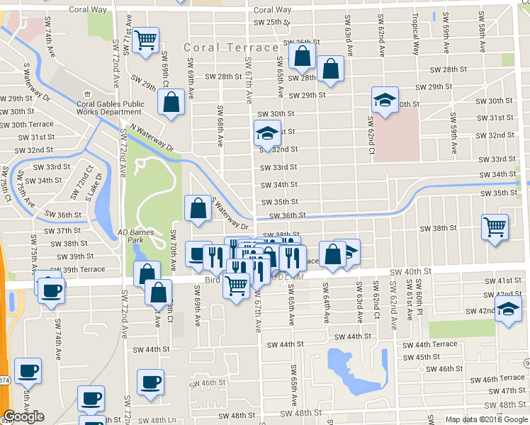 map of restaurants, bars, coffee shops, grocery stores, and more near 6571 Southwest 36th Street in Miami