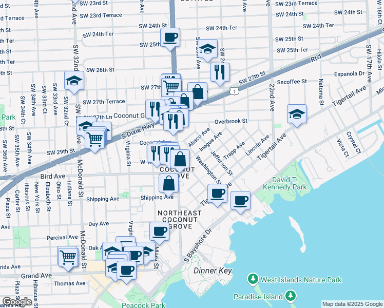 map of restaurants, bars, coffee shops, grocery stores, and more near 2960 Washington Street in Miami
