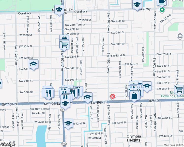 map of restaurants, bars, coffee shops, grocery stores, and more near 10320 Southwest 35th Street in Miami