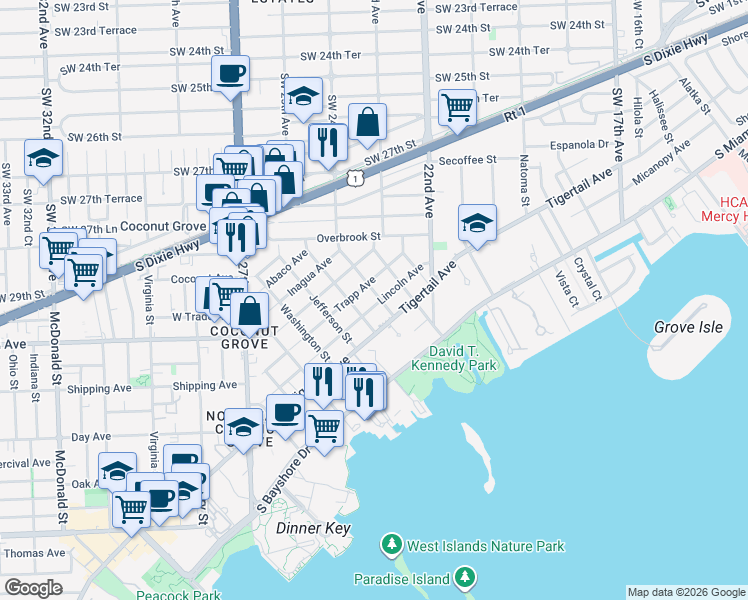 map of restaurants, bars, coffee shops, grocery stores, and more near 3080 Calusa Street in Miami