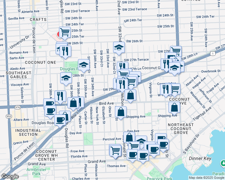 map of restaurants, bars, coffee shops, grocery stores, and more near 3262 Southwest 29th Street in Miami